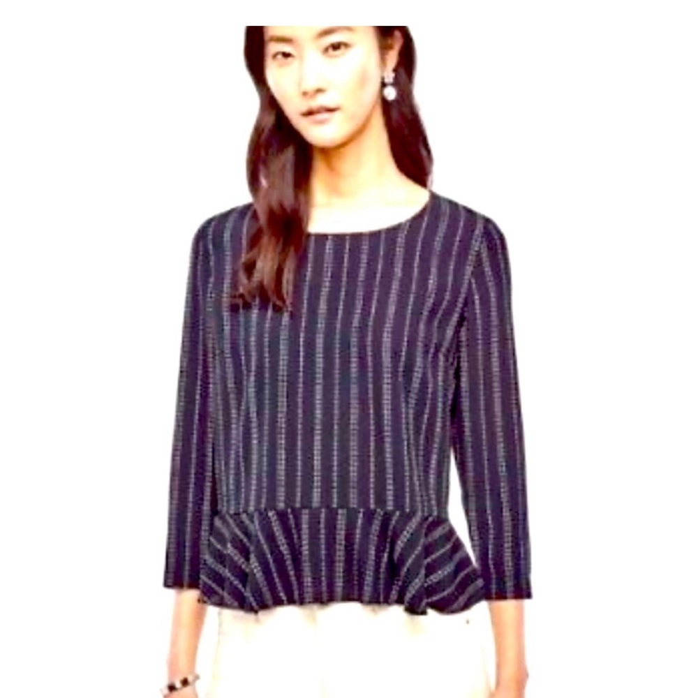 ANN TAYLOR SMALL PEPLUM BLOUSE NAVY STRIPE